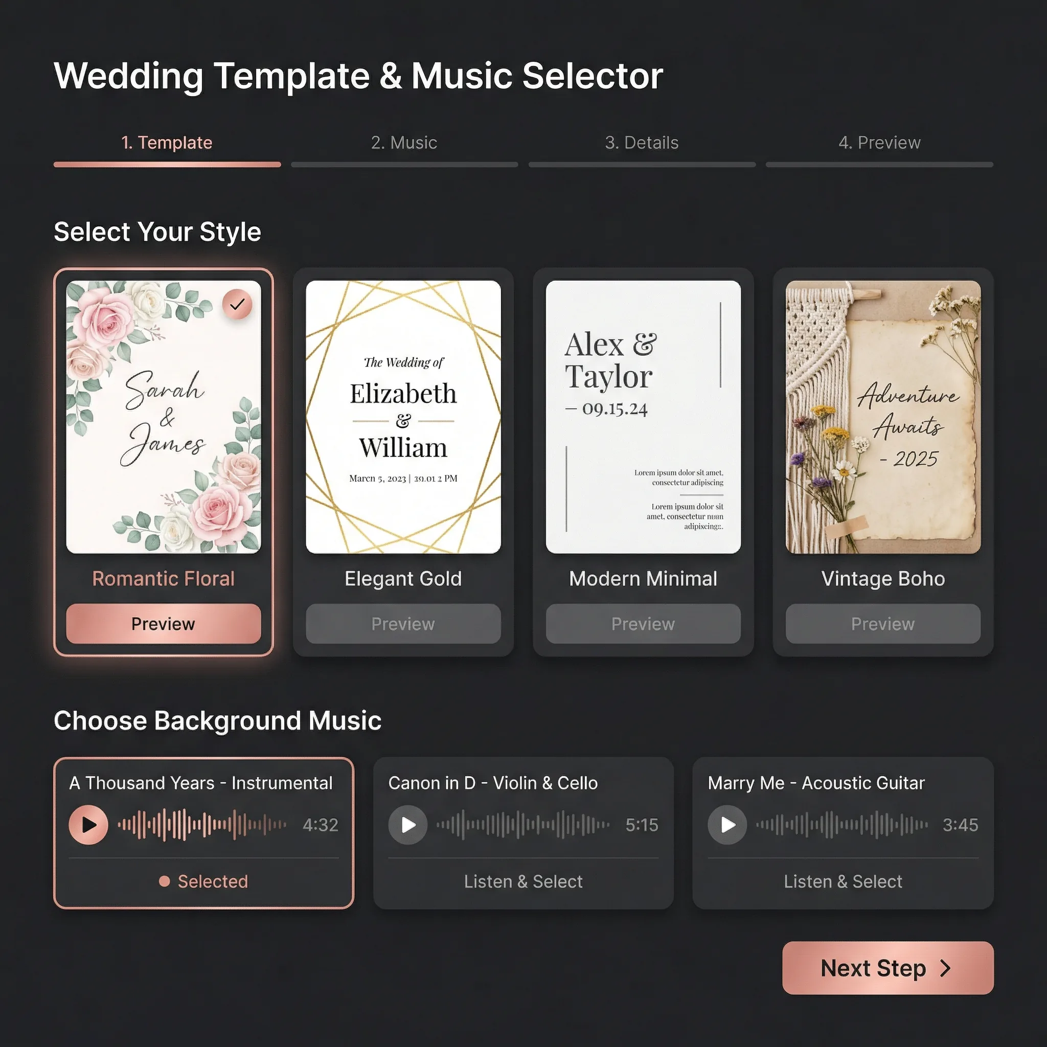 Choose wedding video template style and music