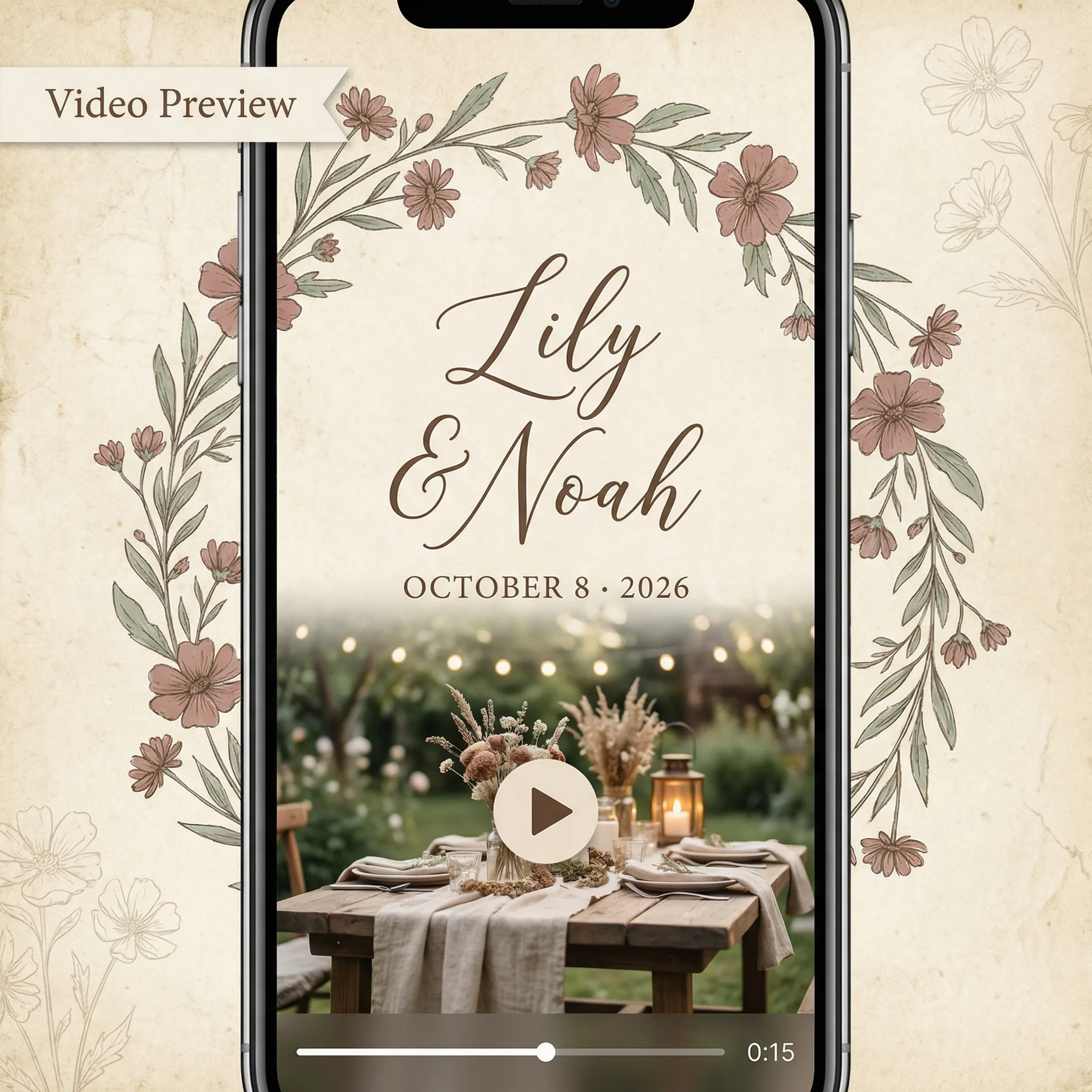 Vintage bohemian wedding invitation video template — rustic style