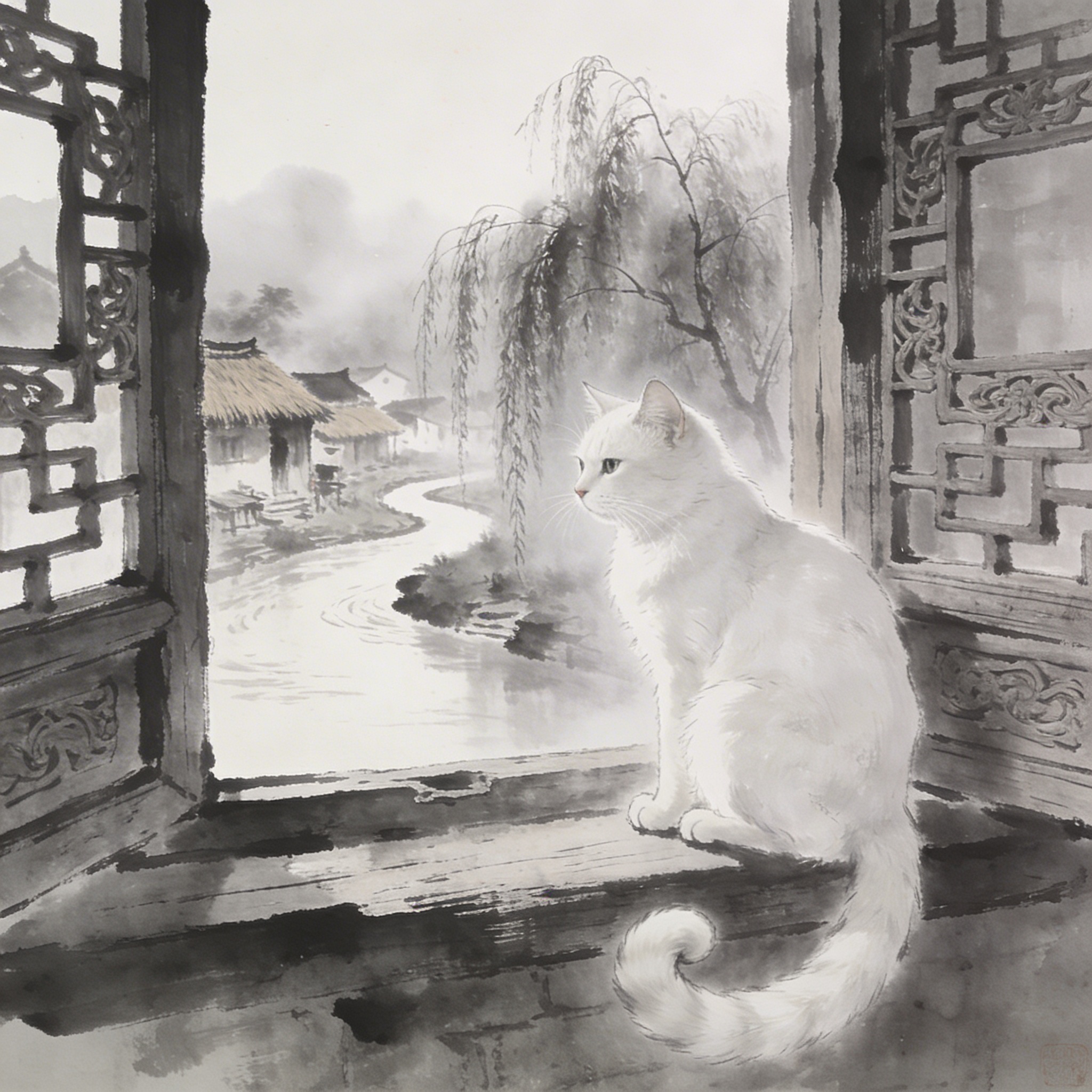 White cat by ancient window — watercolor-style Asian aesthetics